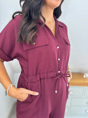 Wine Wide Leg Collared Jumpsuit Carrie