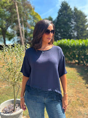 Navy Asymmetric Lace Trim Top Maria