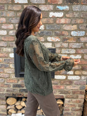 Khaki Textured Floral Mesh Top Imogen