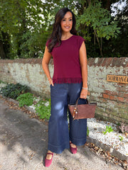 Wine Fringed Knit Vest Amara