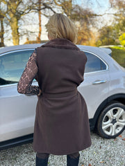 Chocolate Sleeveless Faux Fur Trim Coat Alexis