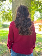Wine Applique Ruffle Sleeve Knit Crystal