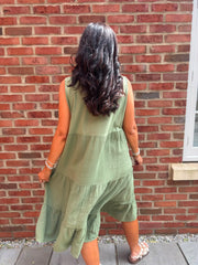 Green Bubble Cotton Fringed Tier Dress Amanda