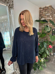 Navy Diamante Flower Top Kinsley