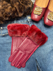 Wine Faux Fur Trim Gloves