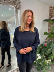 Navy Diamante Flower Top Kinsley