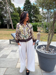 Chocolate Palm Oasis Linen Blend Bomber Jacket