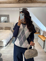 Navy Short Sleeve Argyle Knit Rylie