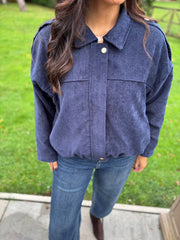 Navy Bubble Hem Bomber Jacket