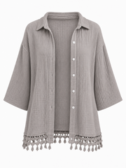 Mocha Bubble Cotton Crochet Hem Blouse Jo