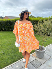 Orange  Bardot Bubble Cotton Leopard Dress Isla