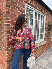 Wine Abstract Floral Blouse Gina