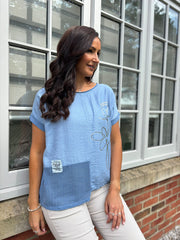 Denim Asymmetric Panel Flower Top Adele