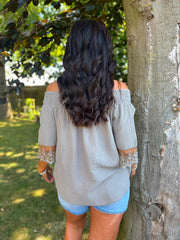 Mocha Bubble Cotton Lace Trim Top Adele