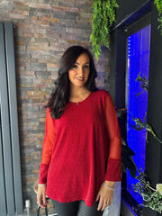 Red Sparkle Mesh Sleeve Top Lucy