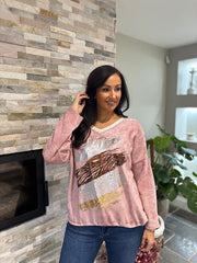 Pink Chenille Leopard V Neck Sweatshirt Elle