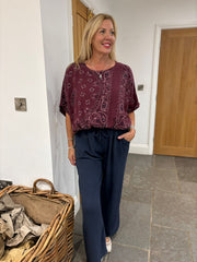 Wine Paisley Bubble Cotton Bubble Hem Top Rita