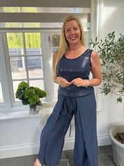 Navy Tie Detail Wrap Trousers