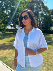White Linen Studded Palm Shirt Ruby