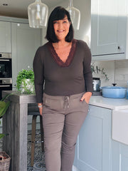 Chocolate Ribbed Long Sleeve Lace V Neck Erin