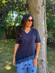 Navy Asymmetric Lace Hem Top Wendy