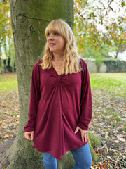Wine Gathered V Neck Top Elsie