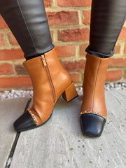 Tan Chain Front Block Heel Boots