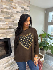 Chocolate Metallic Heart Ribbed Sweatshirt Brooke