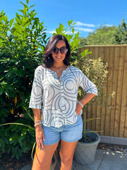 Grey Geometric Swirl Print Top Zoe