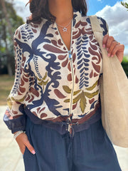 Navy Palm Oasis Linen Blend Bomber Jacket