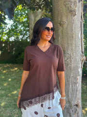 Chocolate Asymmetric Lace Hem Top Wendy