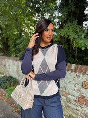 Navy Short Sleeve Argyle Knit Rylie