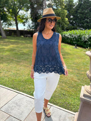 Navy Floral Lace Hem Vest Dina