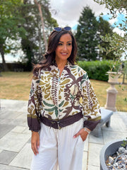 Chocolate Palm Oasis Linen Blend Bomber Jacket