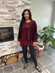 Wine Velour Sequin Panel Top Aurora