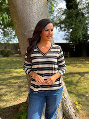 Black V Neck Striped Sweat Top Demi
