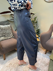Navy Military Detail Pleather Trousers