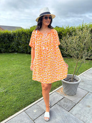 Orange  Bardot Bubble Cotton Leopard Dress Isla