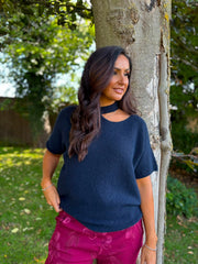 Navy Asymmetric Off Shoulder Knit Cora