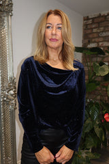 Navy Velour Cowl Neck Sparkle Top Olivia