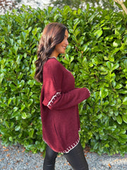 Wine Blanket Stitch V Neck Jumper Jenny