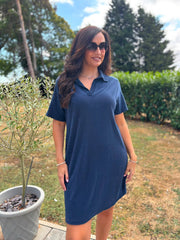 Navy Collared Towelling Dress Natasha