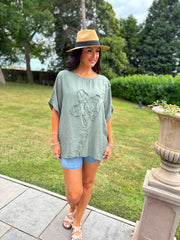 Khaki Embroidered Floral Top Frankie