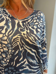 Navy Multi Animal V Neck Top Amy