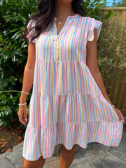 Light Blue Bubble Cotton Striped Dress Crystal