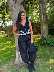 Black Pull on Cuffed Trousers Raven