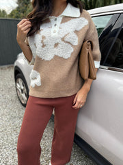 Camel Luxury Collared Floral Knit Eve