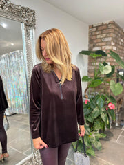 Chocolate Velour Diamante Zip Top Cassie