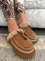 Camel Faux Fur Lined Mule Slippers