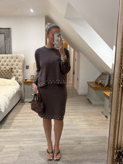 Mocha Stud Detail Two Piece Skirt Set Wilma